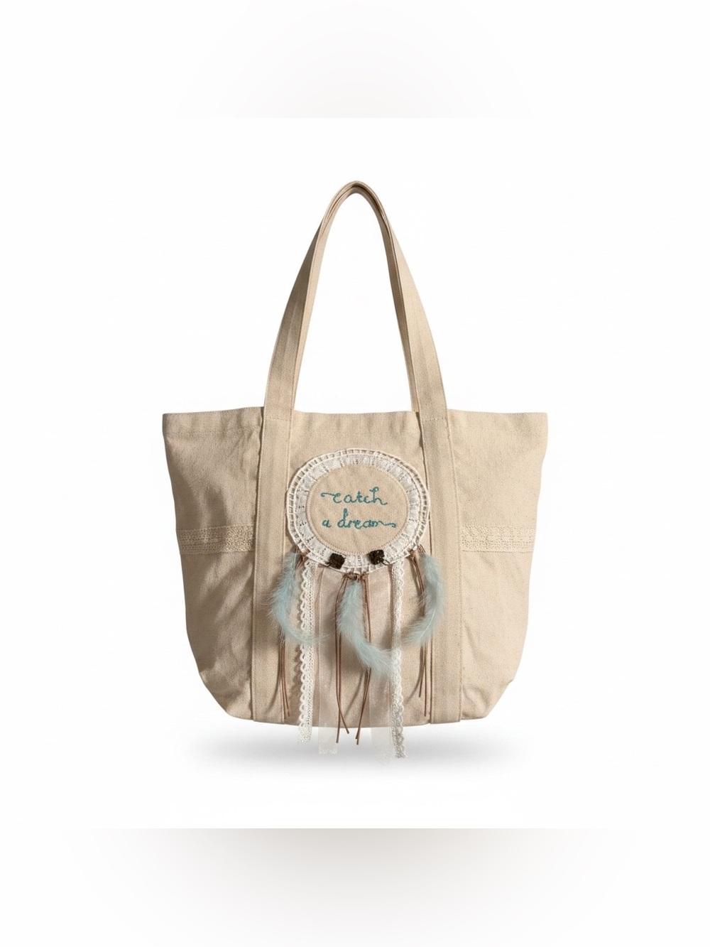 Altar'd State Beige Canvas Tote with Dreamcatcher Embellishment